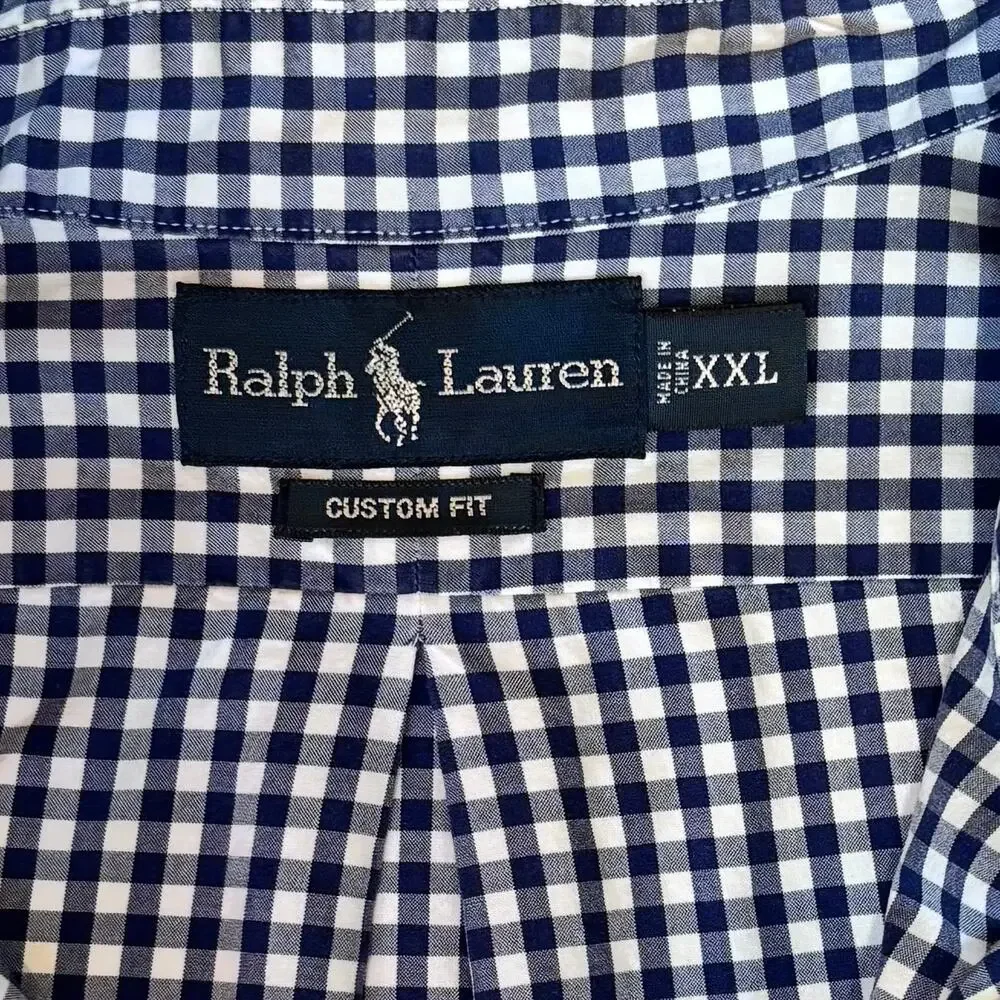 Ralph Lauren Custom Fit Gingham Shirt Button Down Navy White Mens Size XXL - Picture 3 of 9